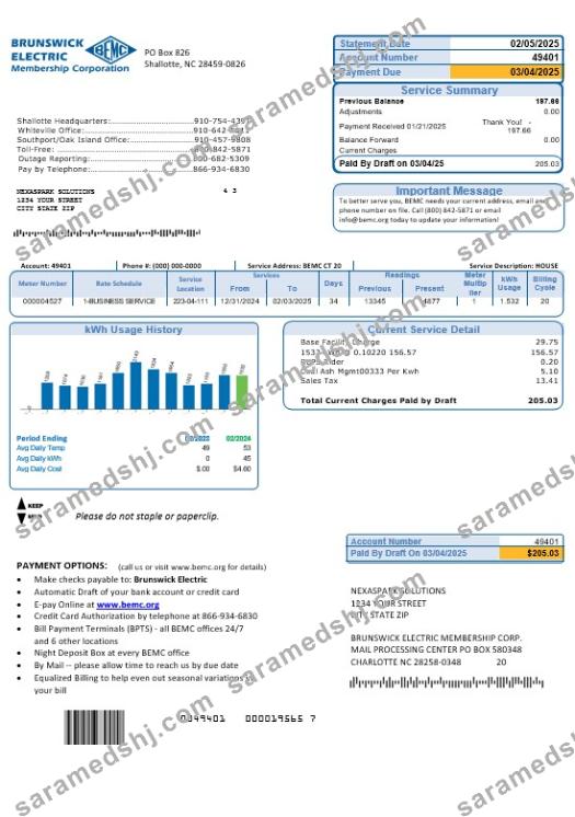 USA North Carolina Brunswick Electric business utility bill template in Word and PDF formats